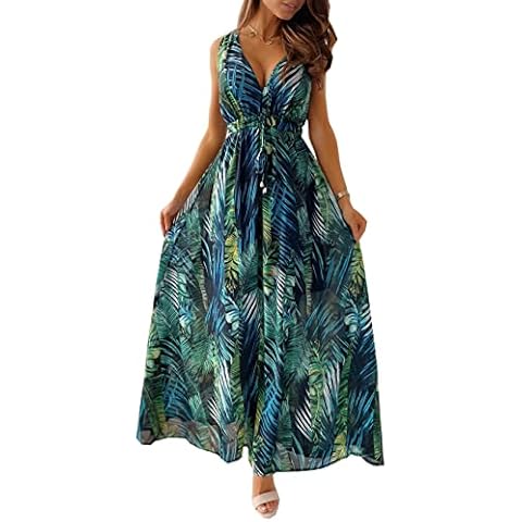 TOPLAZA Vestido de Playa Largo con Estampado de Plantas Tropicales Cover
