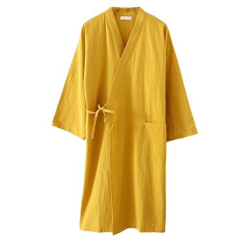 CRETUAO Damen/Herren Bademantel aus 100{08827155677242062c59836f4c6fe5e247145f9002c6e0631717cc1d90d24313} Baumwolle, japanischer Kimono-Pyjama, Hotel-Spa, tragbares Badetuch, Nachtwäsche, Loungewear,Gelb,XXL