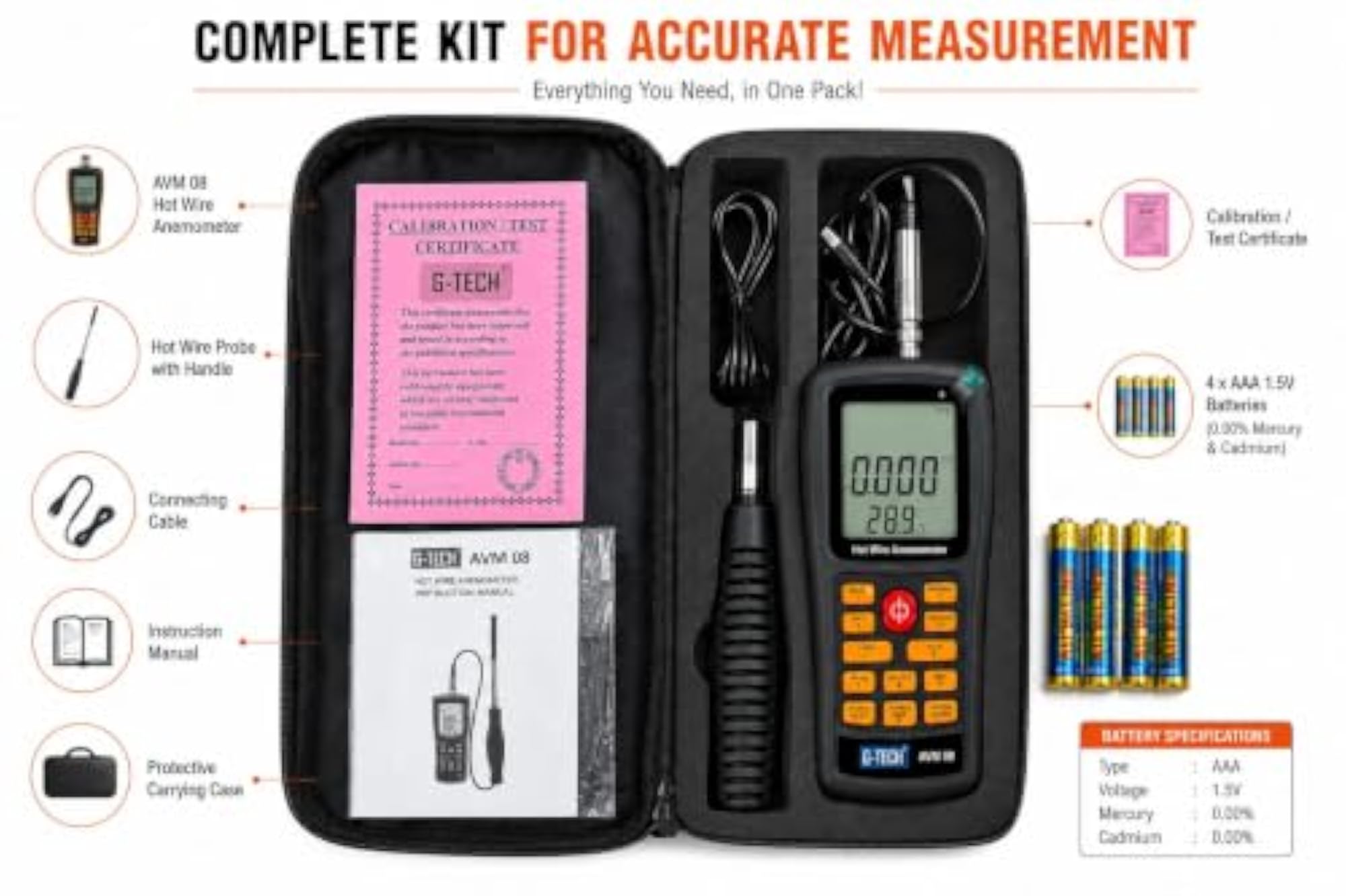 AVM-08 Hot Wire Anemometer with USB for Air Velocity Measurement