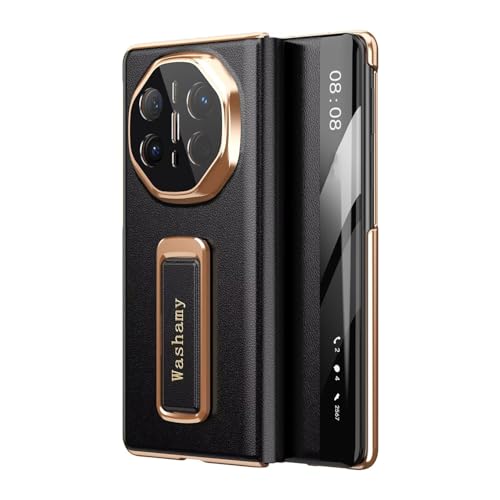 COQUE Echtleder Smart Flip Cover Hülle für Huawei Mate X6 mit drehbarem Handgelenkband und Multiwinkel-Ständer für Huawei Mate X6-Schwarz