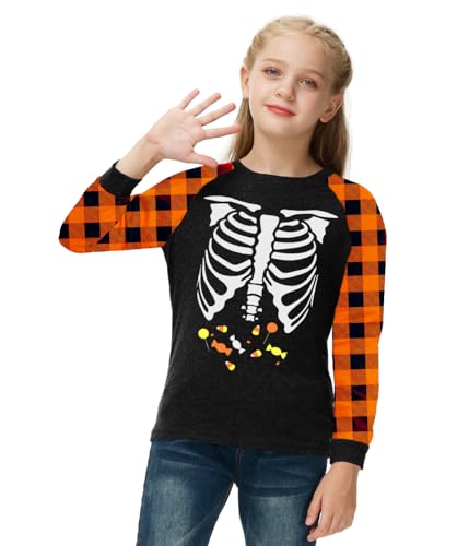 Image of Remimi Girls Thanksgiving Shirts Buffalo Plaid Raglan Tee Cute Turkey Holiday Party Long Sleeve Tshirt 5-14 Years