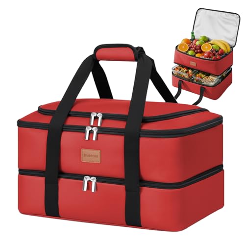 BlissfulSGDM Insulated Casserole Carrier, Double Decker Food Carriers for Hot or Cold Food,Portable Leakproof Thermal Bag for Travel/Potluck Parties/Picnic/Cookouts (Red)