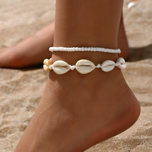 Haolry Adjustable Beaded Shell Ankle Bracelets for Women - Gold-Tone Waterproof Boho Beach Jewelry Gift Set - Image 3