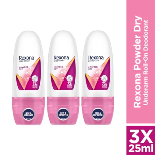 Image of Rexona Powder Dry Underarm Roll-On Deodorant for Women | 72 Hours Long-Lasting Odour Protection | 0% Alcohol, Safe on Skin | 25ML (Pack of 3)