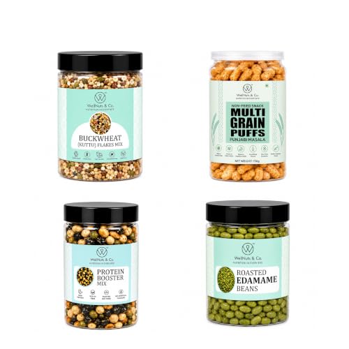 Image of WellNuts & Co. Healthy Snack Combo Pack of 4 |Buckwheat Flakes Mix - 200g, Multigrain Puffs Punjabi Masala - 200g, Protein Booster - 200g, Roasted Edamame Beans - 200g| Roasted & Ready to Eat Snacks | High Protein & High Fiber Combo | Snacks for Healthy Everyday