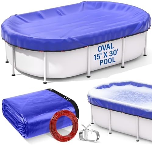 15' x 30' Oval Winter Pool Cover for Above Ground Pools, with Winch & Steel-Core Cable | Heavy-Duty | UV-Resistant | Easy Installation & Storage