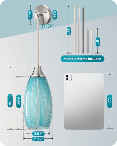 Image of EDISHINE Pendant Lights Kitchen Island, Blue Handcrafted Art Glass, Blown Glass Pendant with 5.12 inch Dia x 11.40 inch H Shade, Teal with Gold, Adjustable Brushed Nickel Rods, Hardwired Over Island Bar, E26