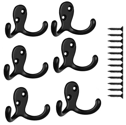 Metal Double Prong Coat Hook Wall Mounted, 6Pcs Zinc Alloy double prong Wall Mounted Robe Hooks with Screws, Zinc Alloy Bag Hat Clothes Hanging Hooks, Black