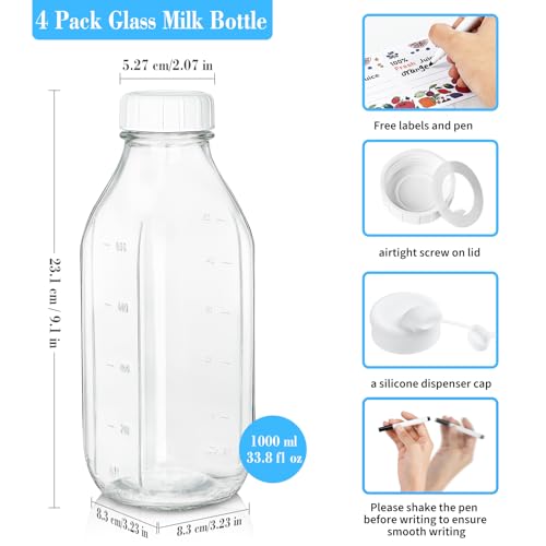 Syntic 4 Pack 32 Oz Glass Milk Bottles with Lids,Scale Marks,2 Pour Spouts by Syntic - Used condition - Image 6