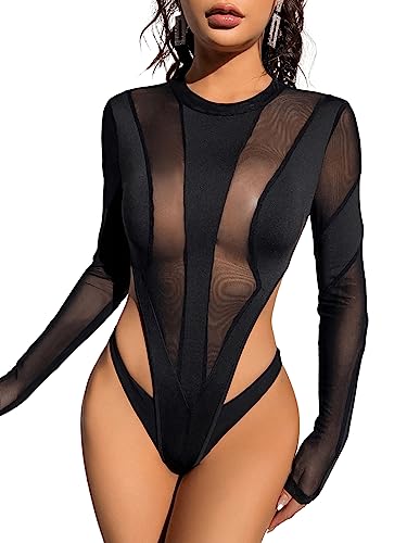 GORGLITTER Damen Mesh Bodysuits Langarm Stretchy Bodies Transparenter Netz...