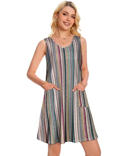 Image of elescat Womens Summer Dresses Casual V Neck Sleeveless Pockets Beach Loose Tank Sundress 2026