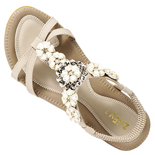 Zriey Women's Low Heel Flat Sandals Open Toe Summer Beach Sandals Non Slip Dress Sandal Shoes Elastic Ankle Strap Cute Comfortable Bohemia Flat Heel For Women Nude Size 8.5 #TOP3