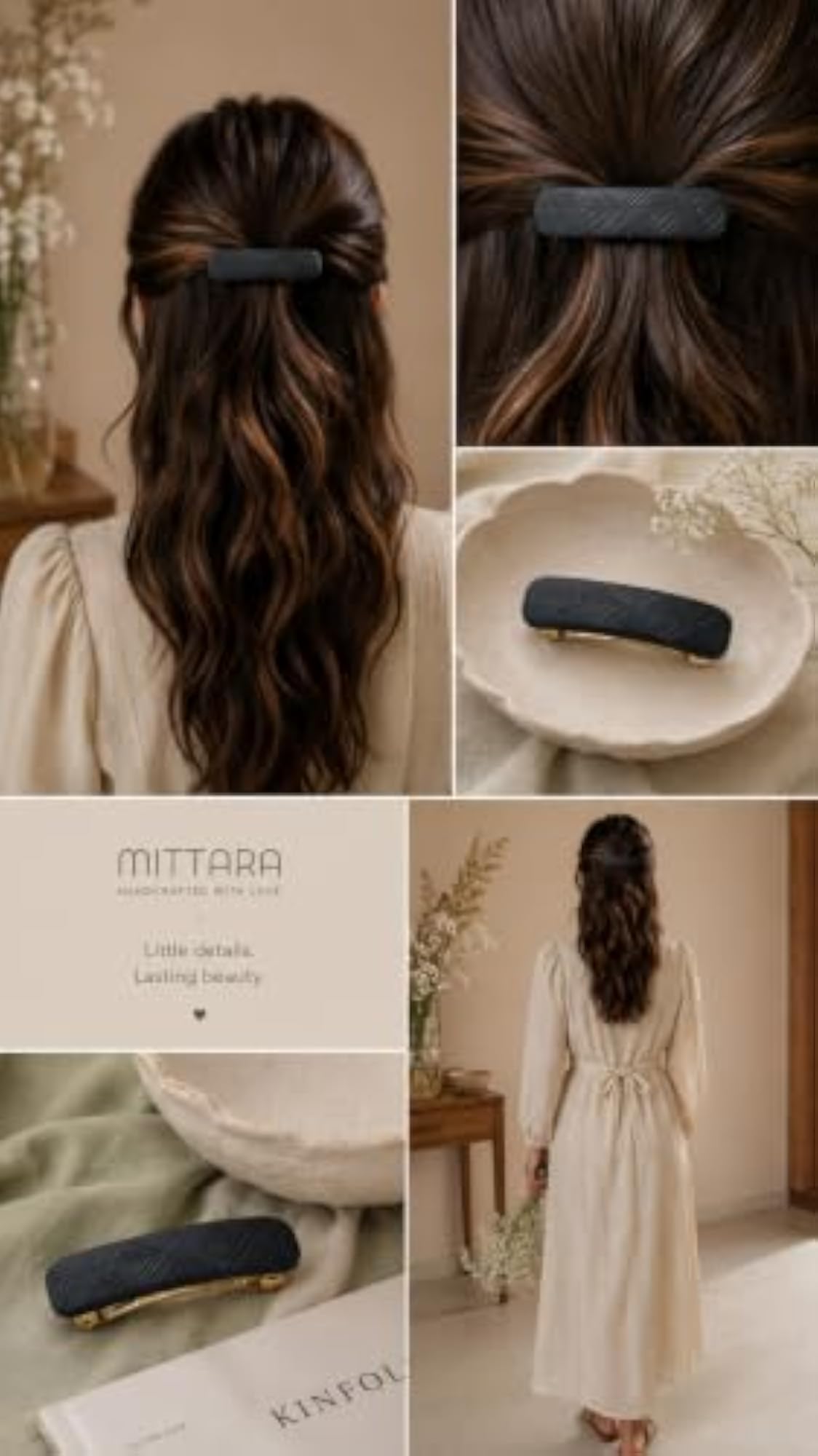 Handmade Black Polymer Clay Hair Barrette, Elegant Hair Clip