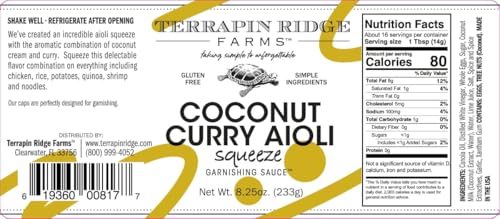 Terrapin Ridge Farms Coconut Curry Aioli Garnishing Sauce – One 8.25 Ounce Squeeze Bottle – Gluten-Free, Keto-Friendly, Low Carb, Low Sugar