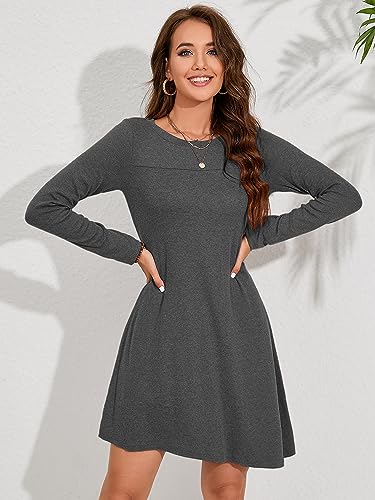 KORSIS Dresses for Women Dark Grey Medium Long Sleeve Round Neck Casual Button Side T Shirts Loose Fitting Girls Sweater Fall Winter Tunic Top With Jeans — view 5