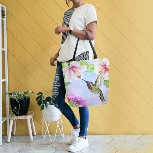 Image of Bird Canvas Tote Grocery Bag Shoulder Casual Book Bag Large for Women Teachers, Hummingbird Floral Cotton Bag Shopping Purse Handbag Reusable Multipurpose Use