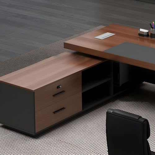 Image of Lakdi The Furniture Co Director & Executive L-Shape Luxury CEO Office Table Desks with Particle Board & Wire Manger,3 Drawer Openable Shutter - Brown 5-Year Warranty & Free Assembly-LDL-662