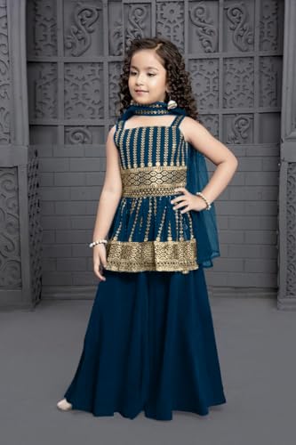 Image of Girl'sCrepe Casual Embroidered Kurta & Sharara Set With Dupatta For Kids