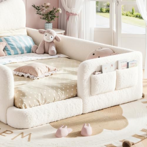 Image of Full Size Kids Bed with Bow-Shaped Headboard, Upholstered Teddy Fabric Twin Daybed with Slats Support & Side Pockets, Space-Saving Wooden Corner Sofa Couch Bed Frame for Girls, Boys, Teenager(Beige)