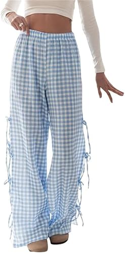Women Y2k Striped Long Pants Bow Tie Side Slit Wide Leg Lounge Pants Gingham Bottom Plaid Checkered Sweatpants