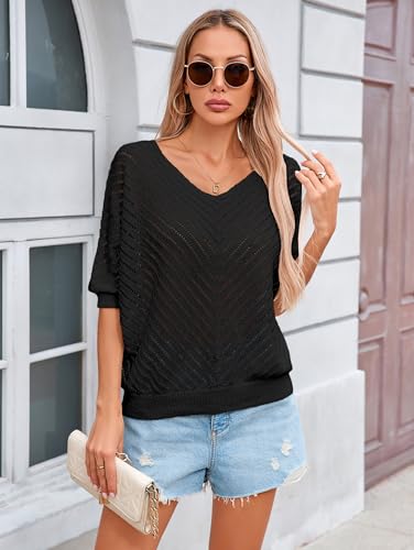 Image of Libsorge Womens Sexy V Neck 3 /4 Sleeve Sweater Spring 2025 Trendy Dressy Casual Outfits Lightweight Crochet Knit Pullover Top