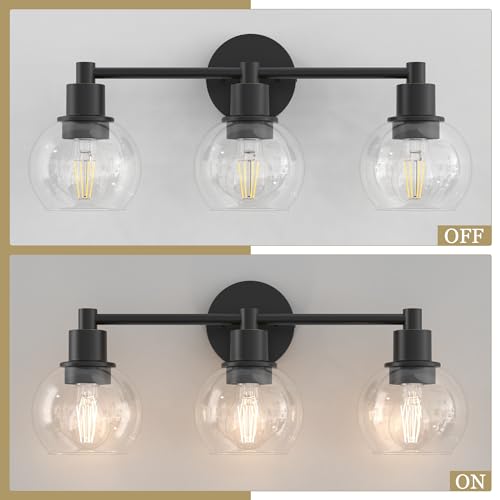 Image of 3 Lights Bathroom Vanity Light Fixtures Black, Bathroom Lights Over Mirror, Industrial and Farmhouse 3 Lights Wall Sconce, Matte Black Globe Vanity Lighting Fixtures