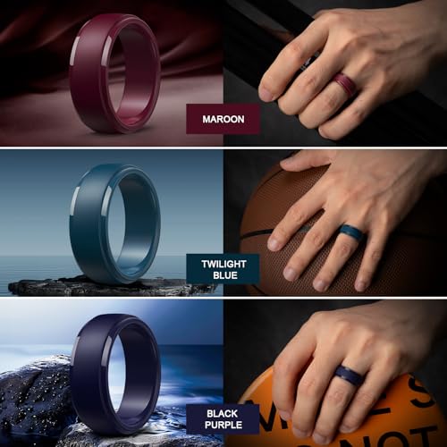 Image of Egnaro Men's Silicone Wedding Rings: Classic Black Step Edge Rubber band 10mm Wide 2.5mm Thick- Hypoallergenic for Gym /Outdoor /Gift(1 /4 /7 Variety Pack with Half Size)
