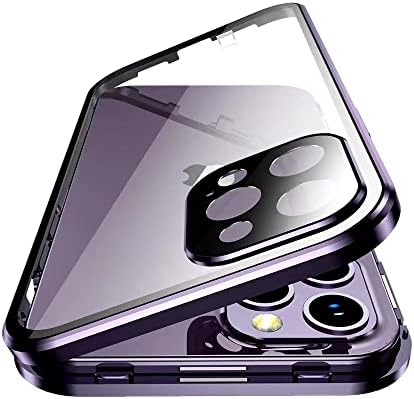 Lockable iPhone 14 Pro Max Magnetic Case Glass with Camera Lens Protector Screen Safety Lock 360 Full Body Double Sided Bumper Clear Cover (Dark Purple)