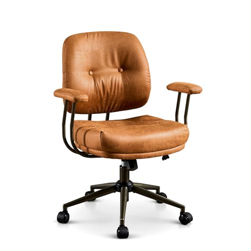 ovios Ergonomic Office Chair, Mid Back Faux Leather Executive Chairs with Thick Cushion, Comfy Mid-Century Modern Swivel Rolling Computer Armchair (Brown, Suede Leather)