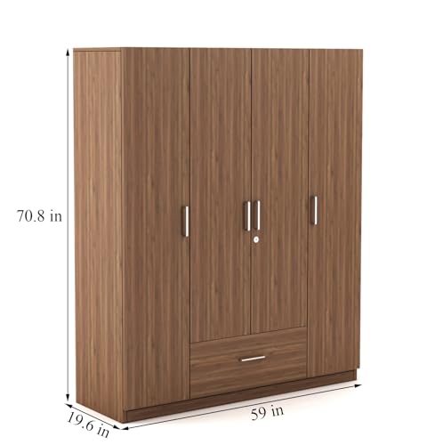 Image of DesignFit Engineered Wood 4-Door Wardrobe for Bedroom | Wooden Almirah with 1 Hanging Rod, 2 Drawers & 8 Shelves | Clothes Cupboard Storage Cabinet Furniture (Walnut Finish)
