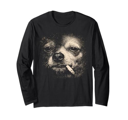 Funny Dog Face Smoking Chihuahua Meme Vintage Y2K Graphic Long Sleeve T-Shirt