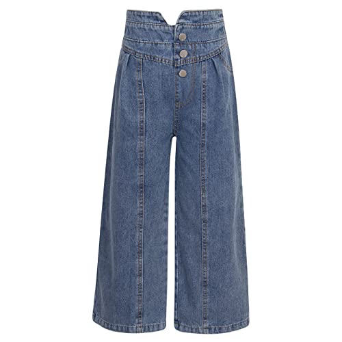 Youth Girls Casual Distressed Denim High Waist Button Wide Leg Baggy Jeans Pants with Pockets2