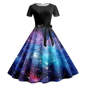 Damen Bunte Galaxy Kleid Lang - Space Kostüm Planeten Kleidr Rundhalsausschnitt Swingrock Kurzarmkleid Karneval Kostüm Sternenhimmel Weltall Cocktailkleid Digitaldruck Glitzerkleid Damen Dunkelblau