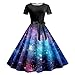 Damen Bunte Galaxy Kleid Lang - Space Kostüm Planeten Kleidr Rundhalsausschnitt Swingrock Kurzarmkleid Karneval Kostüm Sternenhimmel Weltall Cocktailkleid Digitaldruck Glitzerkleid Damen Dunkelblau