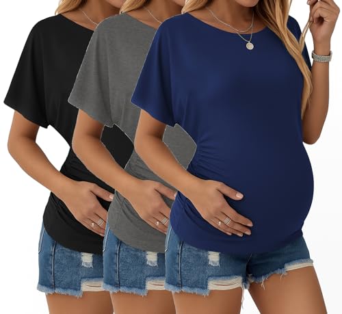 Ekouaer Maternity Shirts 3 Packs Dolman Sleeve Side Ruched Tops Tunic Casual Pregnancy Clothes Navy Blue/Black/Dark Gray XXL