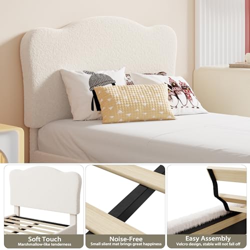 GarveeHome Upholstered Twin Size Bed Frame for Kids with Scallop Headboard, Cute Velvet Twin Bed for Girls, Boys, Sturdy Platform Bed, No Box Spring Needed, Wooden Slats, Noise Free, White