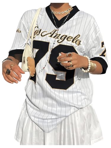 Verdusa Women's Jersey Shirts for Women Y2k Oversized Plus T Shirt Striped Number Graphic Tees Streetwear Tops