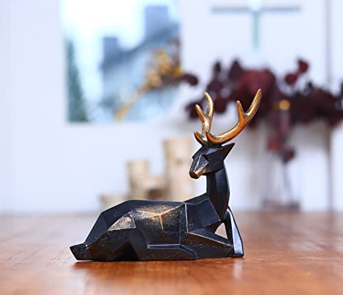 Wdlfcgc Origami Style Resin Sitting Deer Statues,Shelf Decoration, Reindeer Figurines，Animal Statue Decorations On Desks And Bookshelves,Desk Decoration (Black Deer) #TOP3