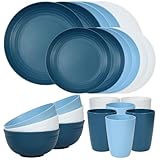 Quatish 24 Piece Plates and Bowls Sets for 6, Unbreakable Dinnerware Sets, Plastic Dish Set for Camping, Dishwasher Microwave Safe, Outdoor Kitchen and Apartment Dinning RV Essentials, Blue
