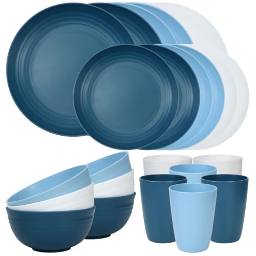 Quatish 24 Piece Plates and Bowls Sets for 6, Unbreakable Dinnerware Sets, Dish Set for Camping, Dishwasher Microwave Safe, Outdoor Kitchen and Apartment Dinning RV Essentials, Blue