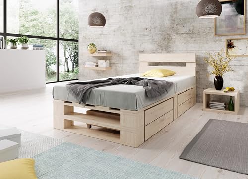 Lermowood Palettenbett M2 aus Holz 100 x 200 cm Natur mit Kopfteil und 2 Bettkästen Holzbett 30cm Stabiles Seniorenbett Kinderbett Jugendbett Gästebett erhöhtes Bettgestell Futon Komforthöhe Naturholz