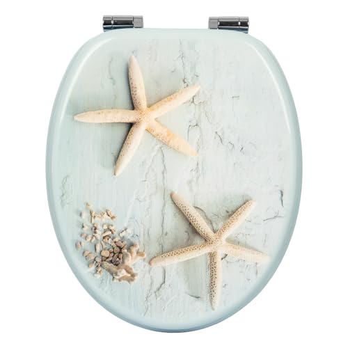 WOLTU Premium WC-Sitz Toilettensitz mit Absenkautomatik, MDF Holzkern, Softclose Scharnier, Desgin Décor Seestern Oval
