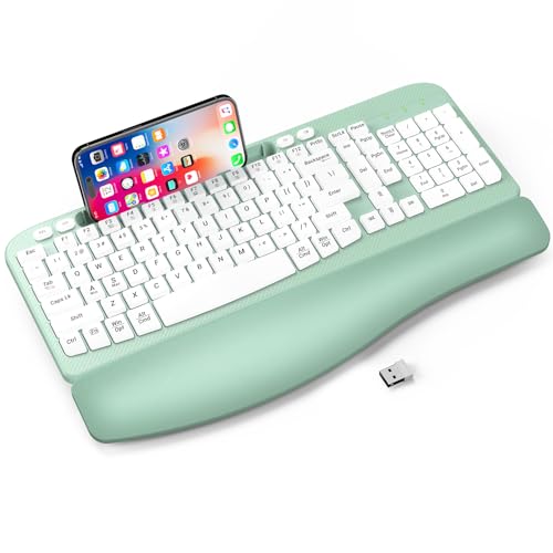 Ergonomic Wireless Keyboard with Cushioned Wrist Rest, Wave Keys, Phone Holder, Comfortable Natural Typing, 2.4GHz Full Size Cordless USB Computer Keyboard for Windows, Mac OS, Laptop, PC (Mint Green)