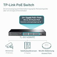 TP-Link TL-SG1428PE 28-Port Gigabit Easy Smart Switch mit 24 PoE+ Ports(2SFP Slots, 250 Watt, geschirmte RJ-45 Ports, einfache Konfiguration, ideal für kleine und mittlere Unternehmen) Schwarz – Ansicht 4
