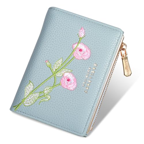 Lapensa Wallets for Women- RFID Blocking- Soft PU Leather Bifold Coin Zipper Pocket Purse-Small flower wallet Credit Card Holder with ID Window (Blue)