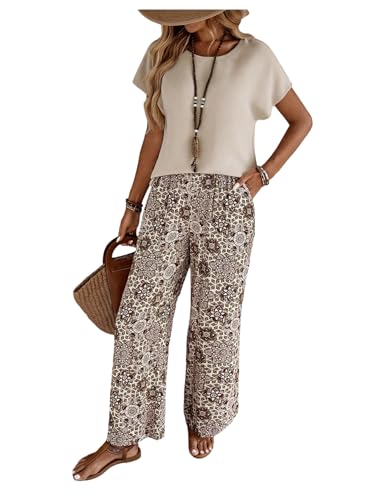SOLY HUX Women's 2 Piece Outfits Short Sleeve Top and Boho Floral Pants Vacation Country Concert Clothes Khaki Multi Large