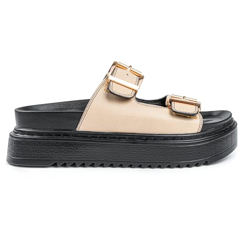 Image of Chunky Platform Sandals for Women, Waterproof Non-Slip Rubber Sole, Adjustable Double Buckle, Arch Support Open Toe Slide Sandals, Comfortable Black Wedge Sandals for Women