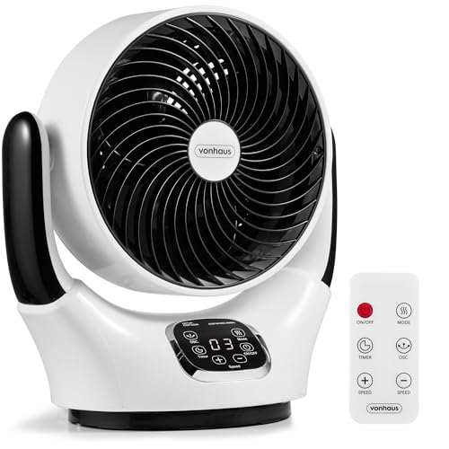 VonHaus Air Circulator Fan Desk Fan with 12 Speeds 3 Modes Remote Control 12hr Timer 90 Oscillating Quiet LED Display 3 Blades Table Top Cooling for Home Office Living Room Bedroom