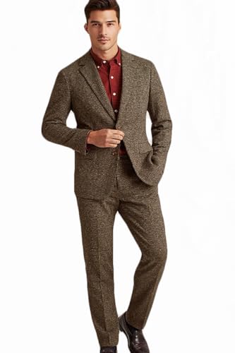 VENNYNG Men's Tweed Jacket Pant Set Single Breasted 2 Piece Wedding Suit Business Formal Holiday Events Slim Fit
