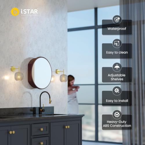 Image of iSTAR Round Wall Mirror with Storage Shelf | Bathroom Vanity Mirror with Hidden Storage Cabinet | Wall Mounted Decorative Mirror for Bathroom, Bedroom, Living Room (Brown)